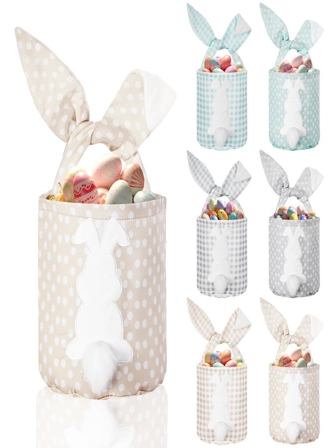 Cosblank 6 Pcs Bunny Canvas Bags Rabbit Print Basket with Foldable Ears Candy Goodie Bunny Tote Gift Bag for Birthday Party Decorations Supplies(Vivid Color,Plaid and Dot) - Image 1